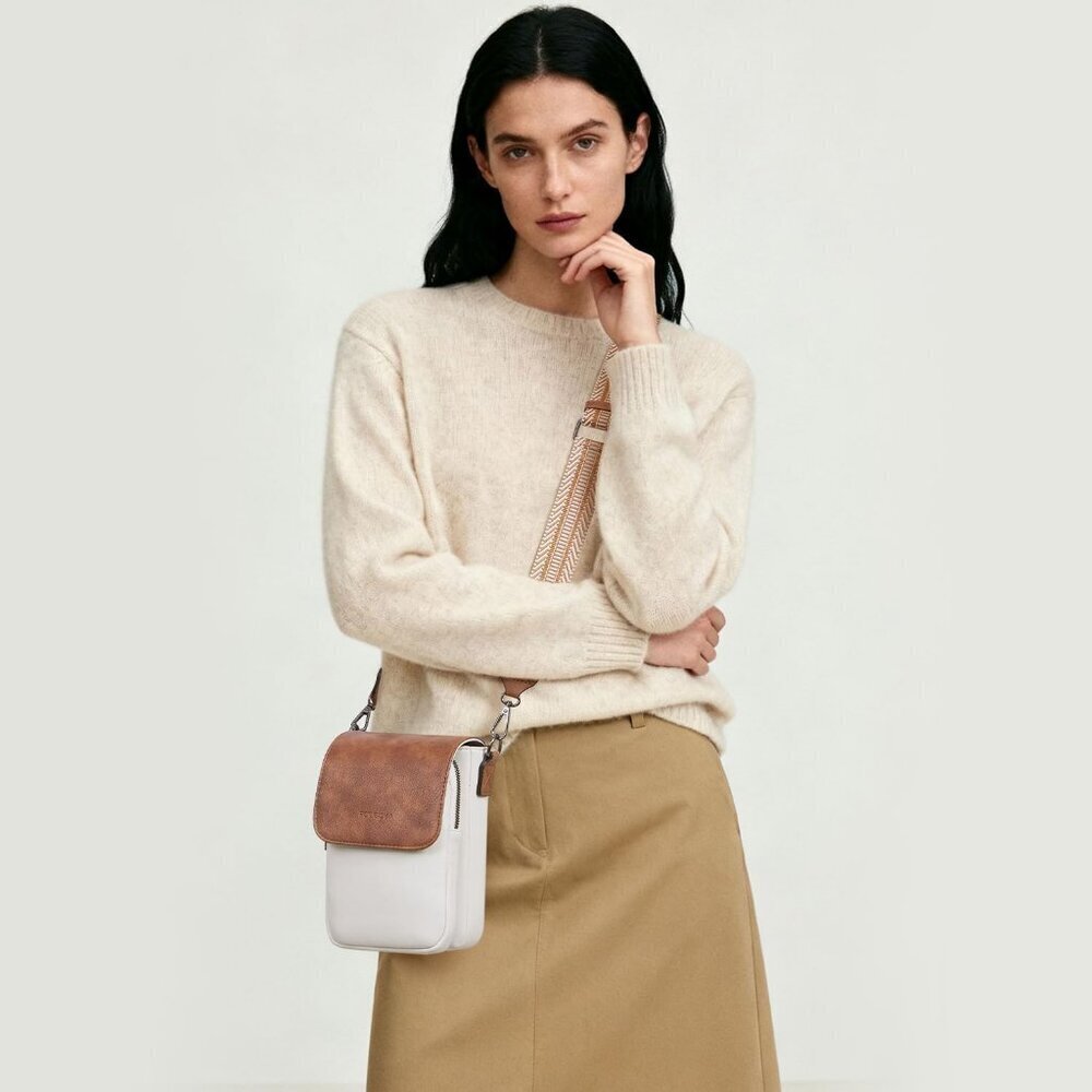 Womens A- Beige+brown Leather Purses Imported Magnetic Snap Crossbody Zipper Bag - Picture 2 of 6